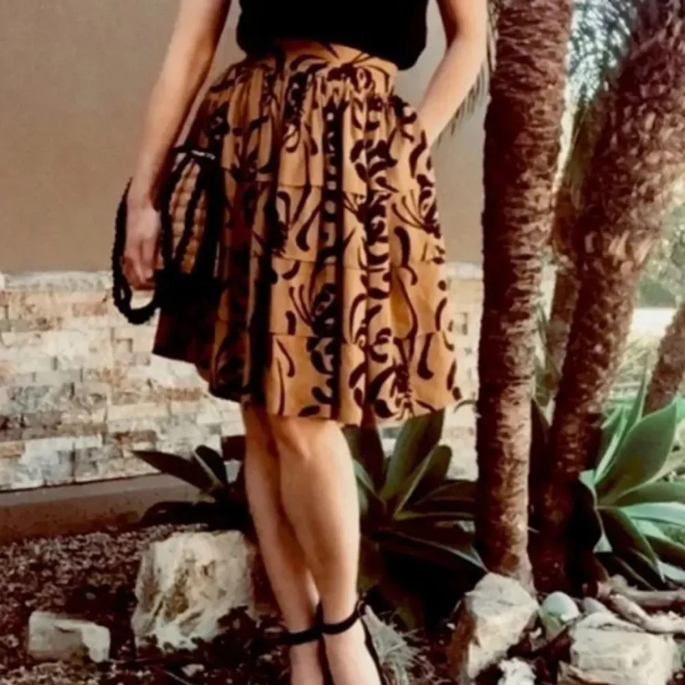 SARIAH Anthropologie‎ Mustard Yellow Black Calligraphy Tiered Skirt Size 2